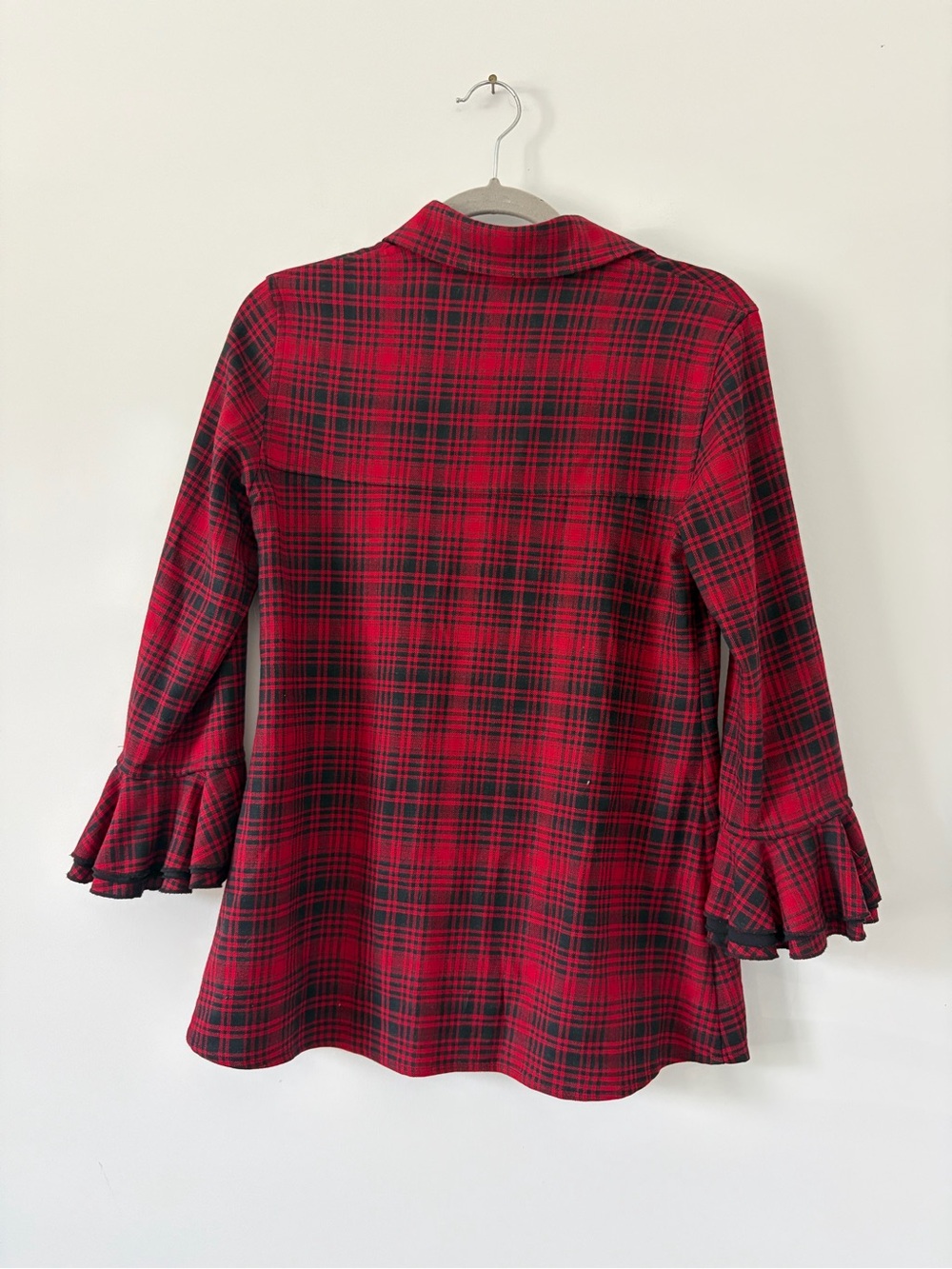 Vintage Alice + Olivia Red Black Plaid Wool Viscose Flounce Sleeve Fall Top S - Picture 5 of 7